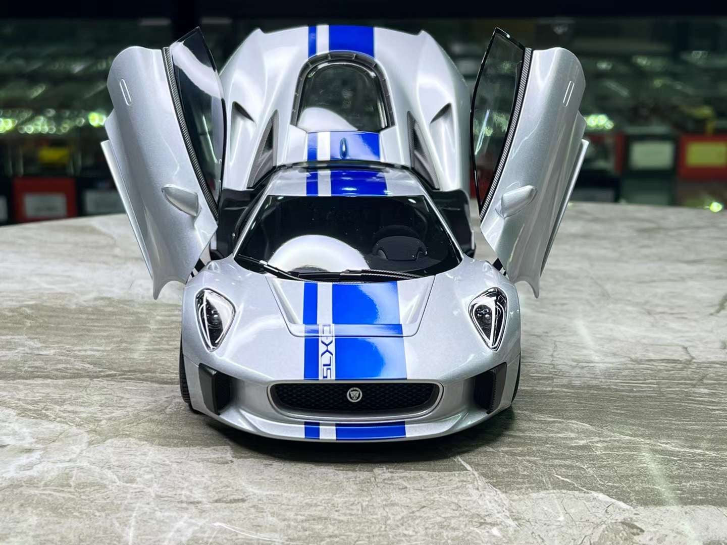 Almost Real Jaguar CX-75 1/18 (Lightning Silver/ Blue Stripes)