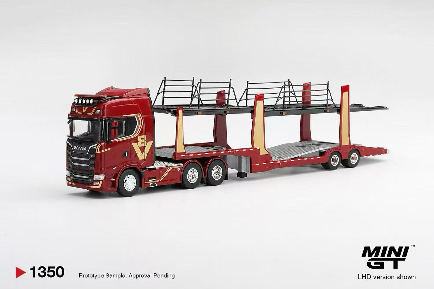 (Pre-Order) MiniGt Scania 770S A6x4NA Car Transporter V8 50th anniversary + Car transporter Red China Packaging