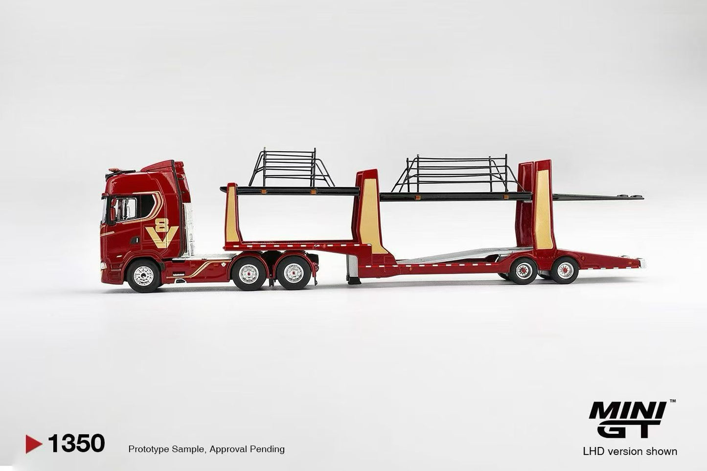 (Pre-Order) MiniGt Scania 770S A6x4NA Car Transporter V8 50th anniversary + Car transporter Red China Packaging